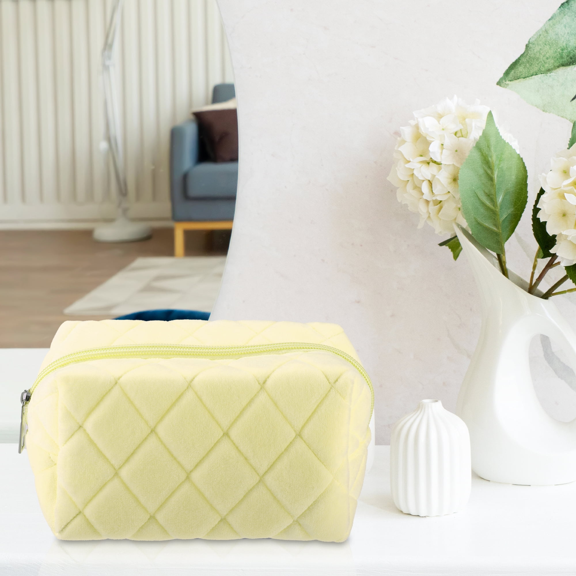 Unique Bargains 1Pc Soft Velet Durable Portable Travel Makeup Bag for Toiletry Yellow