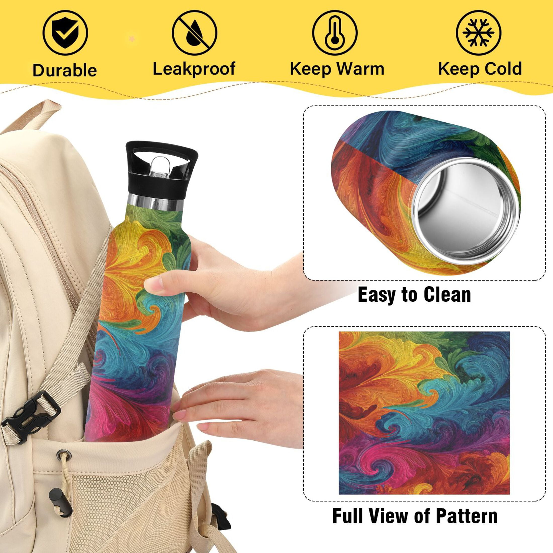 Kids Insulated Stainless Steel Sports Water Bottle 600ml (20oz) Vibrant Colorful Tie-dye Pattern