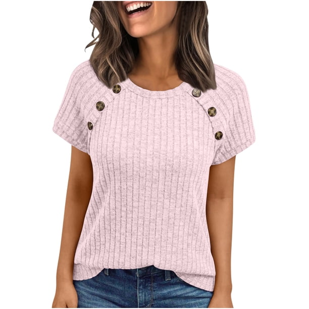 Tops de Mujer, Manga Corta Sólida Cuello Redondo Botón Arriba Blusa Casual de Negocios