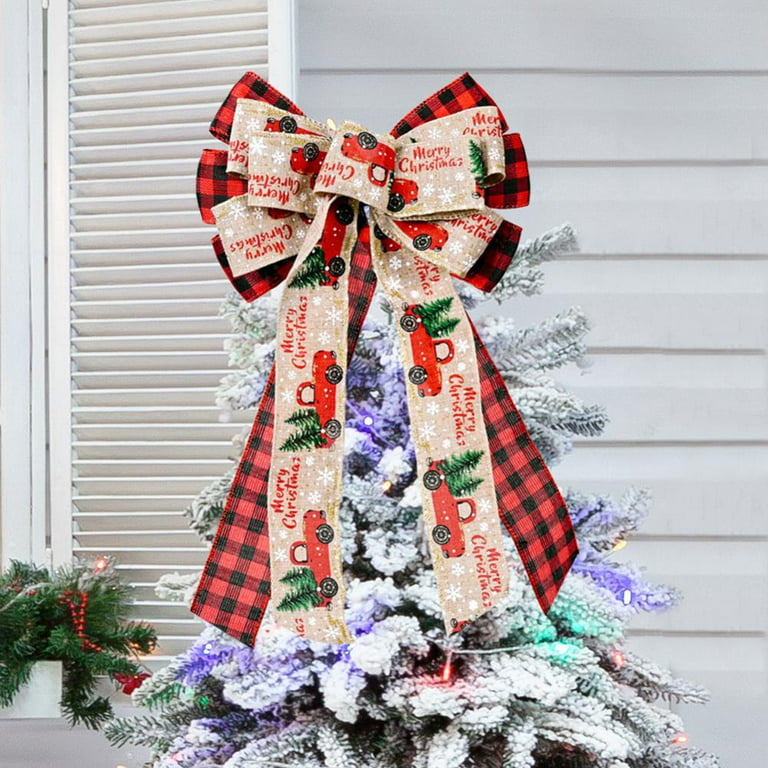 1 Pieces Christmas Bows Tree Topper Buffalo Plaid Bows Farmhouse Large Presents Check Bow Christmas Wreath Decoration Bow for Door Burlap Natural