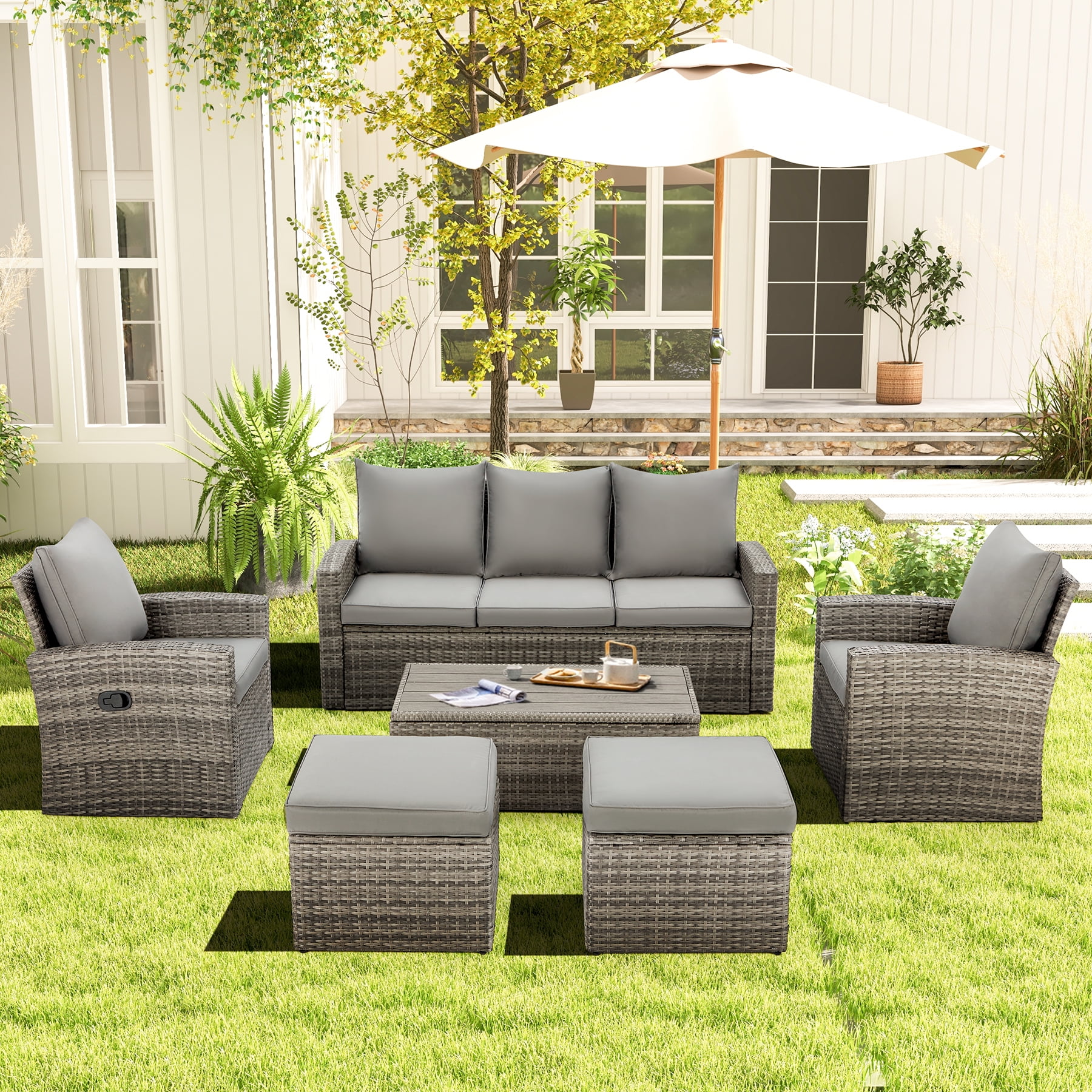 Homrest Outdoor Patio Funiture Set, 6 Pieces Wicker Rattan Sofa All