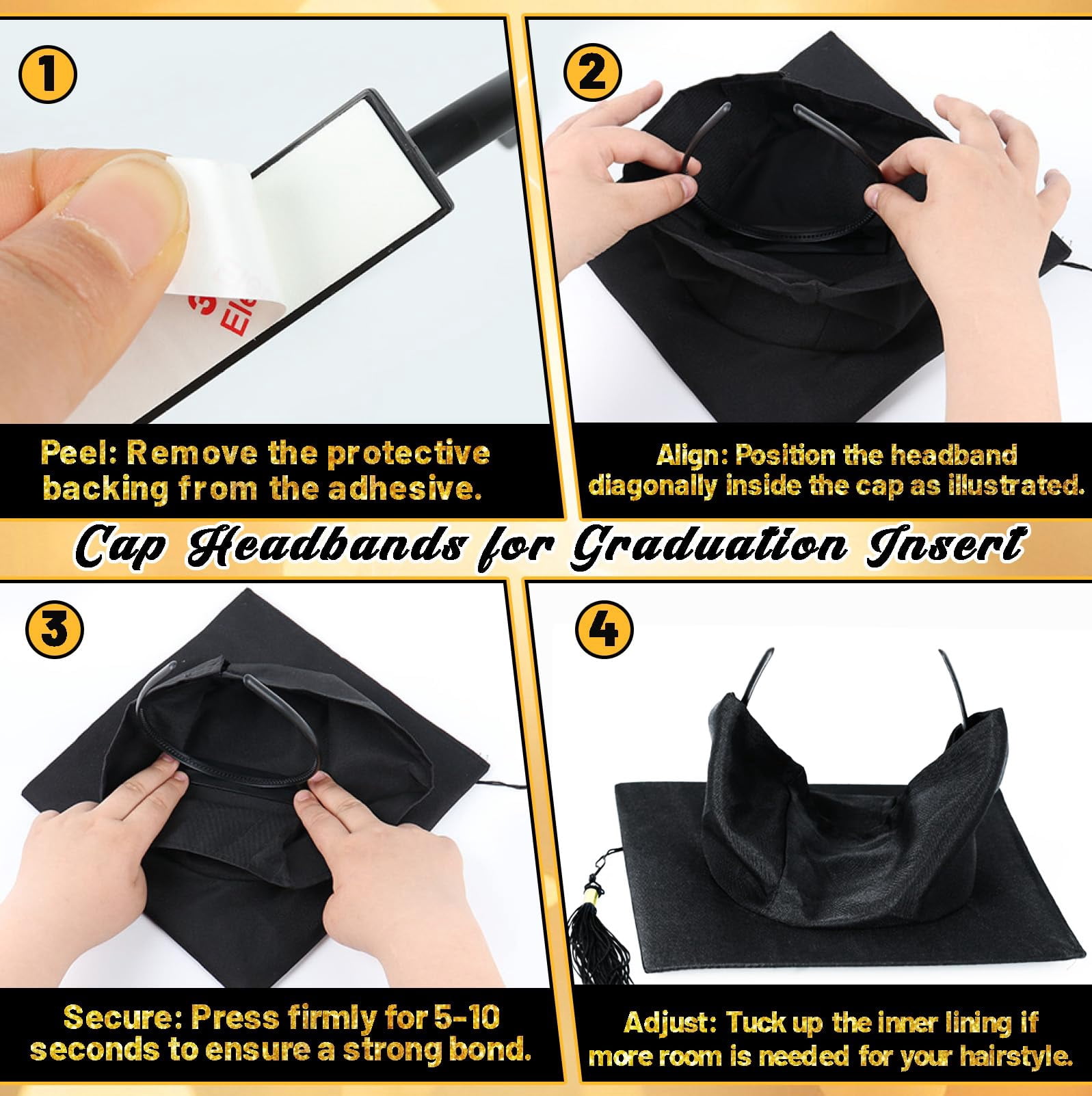 2 Pcs Black Graduation Cap Headband Insert, Anti-Slip Graduation Hat Holder for Curly Hair, Secure Fit Hairband Accessory, Keeps Hairstyle Natural and Stable