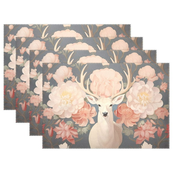 Deer White Flowers 12×18 inch Placemats Heat Resistant Washable Foldable Rectangular Placemats Set Decoration Indoor Outdoor for Kitchen Dining Table 1PC