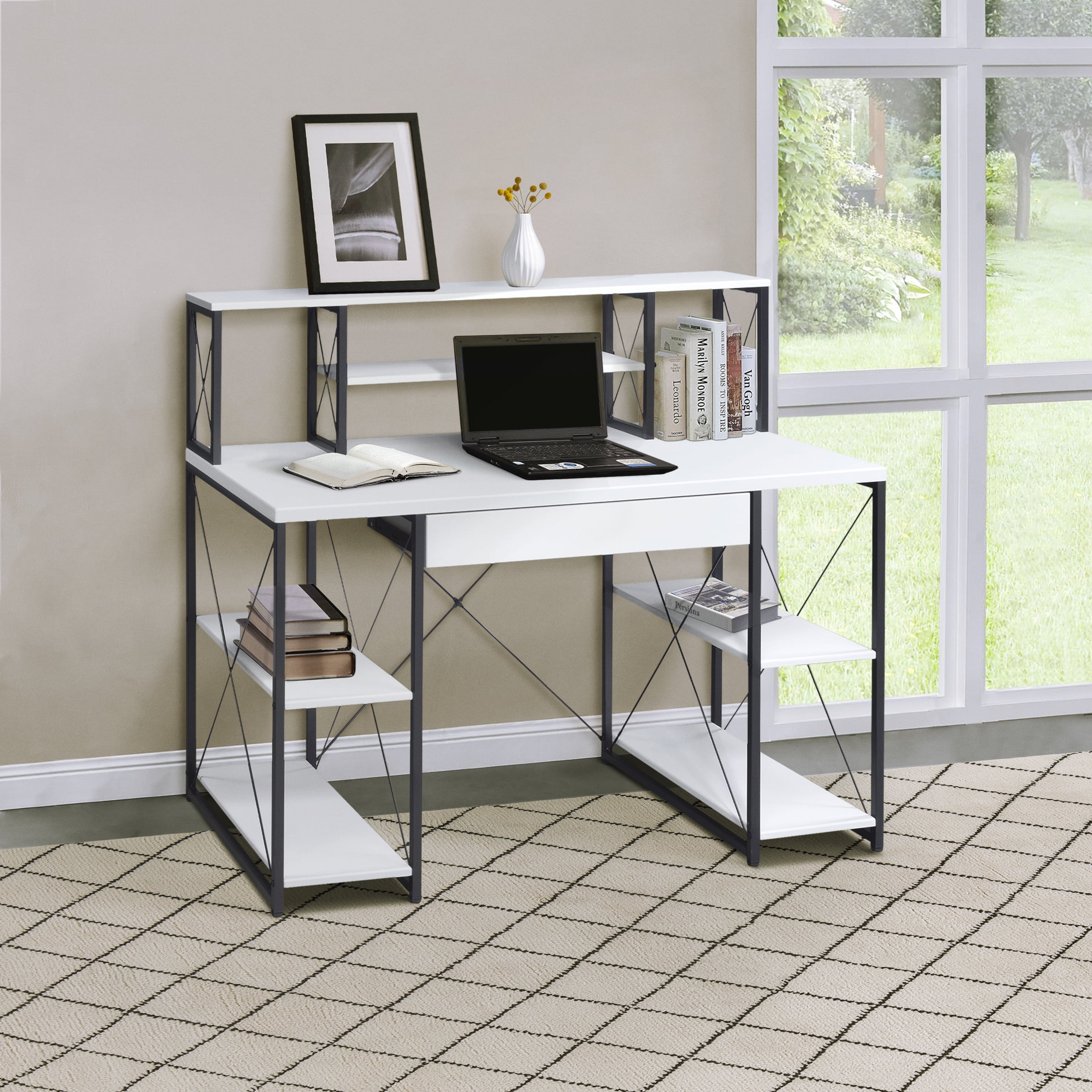 Astoutdoor White and Black Office Desk with Open Shelves and Hutch