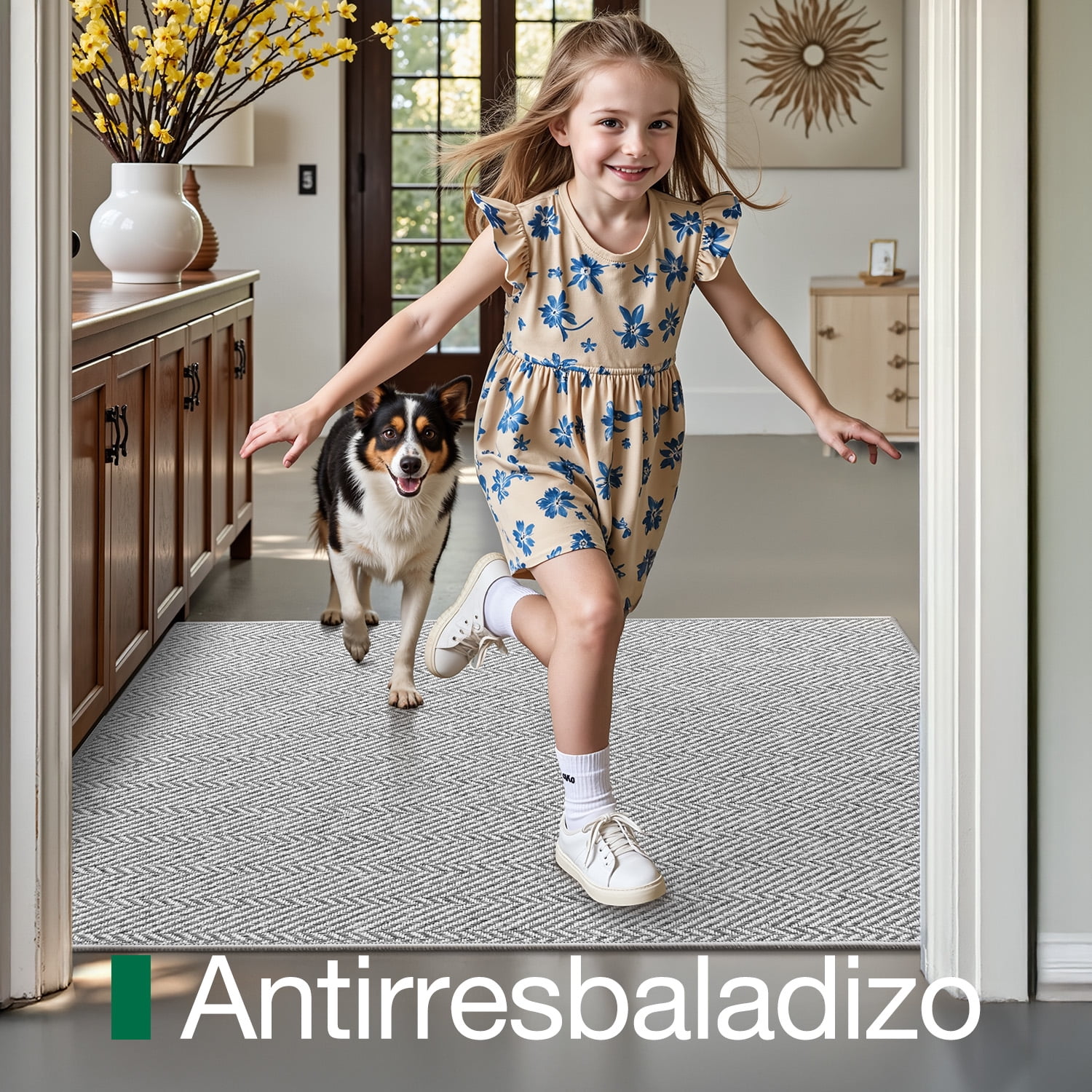 FRABE Ultra Thin Indoor Door Mat Non Slip, Low Profile Entryway Mat, Pet Friendly Doormat with Herringbone Design for Inside, Patio, Porch, Grey, 17x30