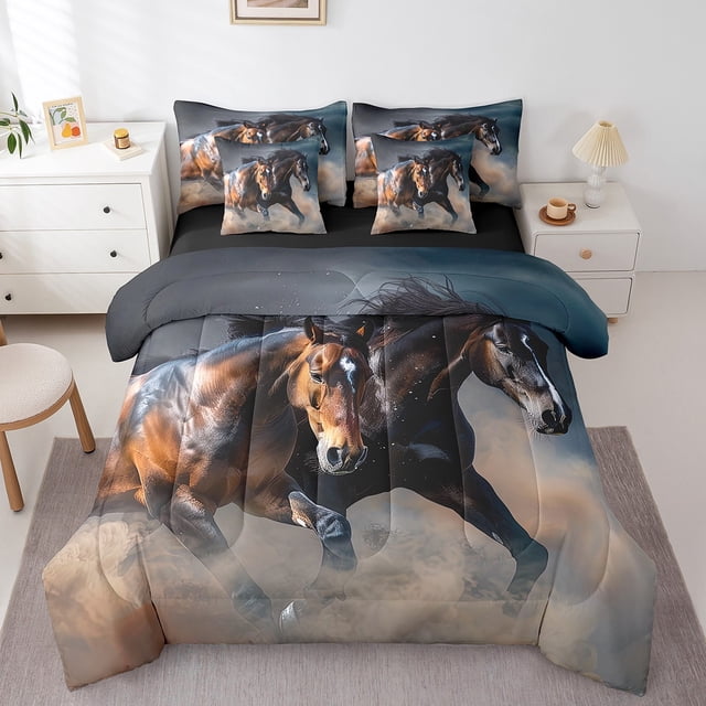 YST Ensemble de Douillette à 7 Pcs avec Cheval au Galop, Grand Lit Grand, Ensemble de Literie d'Animaux de Ferme, Style Rustique de Chalet