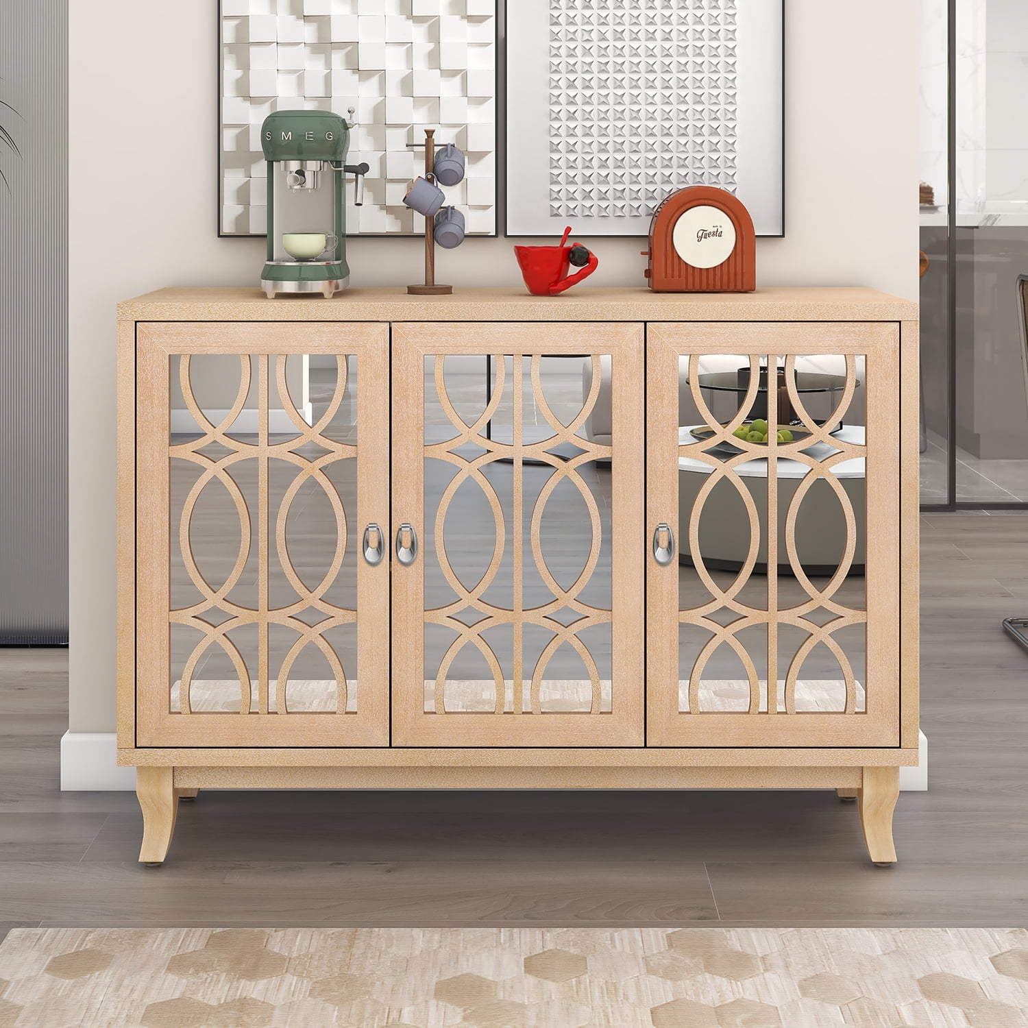 Kadyn Sideboard with Glass Doors, Accent Storage Cabinet with 3 Door, Sideboard Buffet Cabinet for Hallway, Natural
