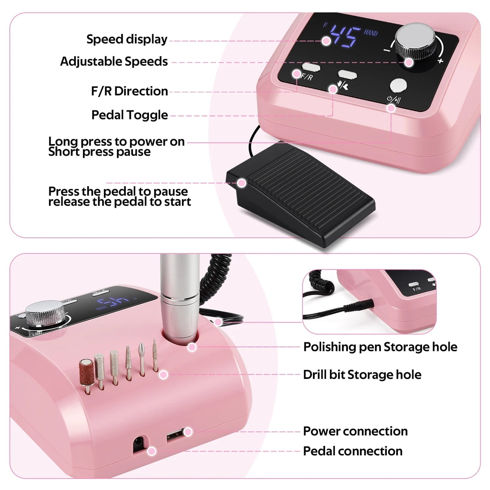 45000RPM Electric Nail Drill Kit For Acrylic, Gel, Dip Powder Nails, Professional Nail File Machine For Manicure & Pedicure