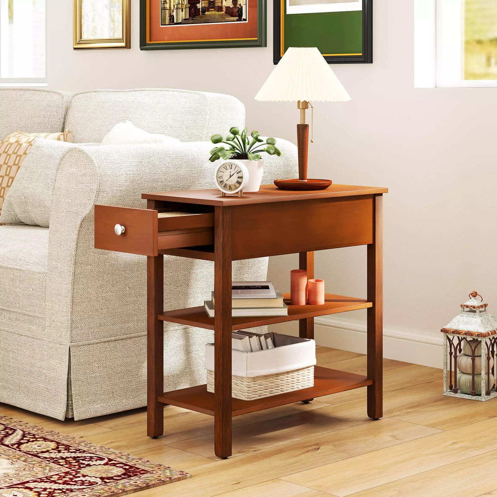 Auranook Set of 2 Narrow End Tables w/Drawer Shelves & Rubber Wood Legs Sofa Side Table