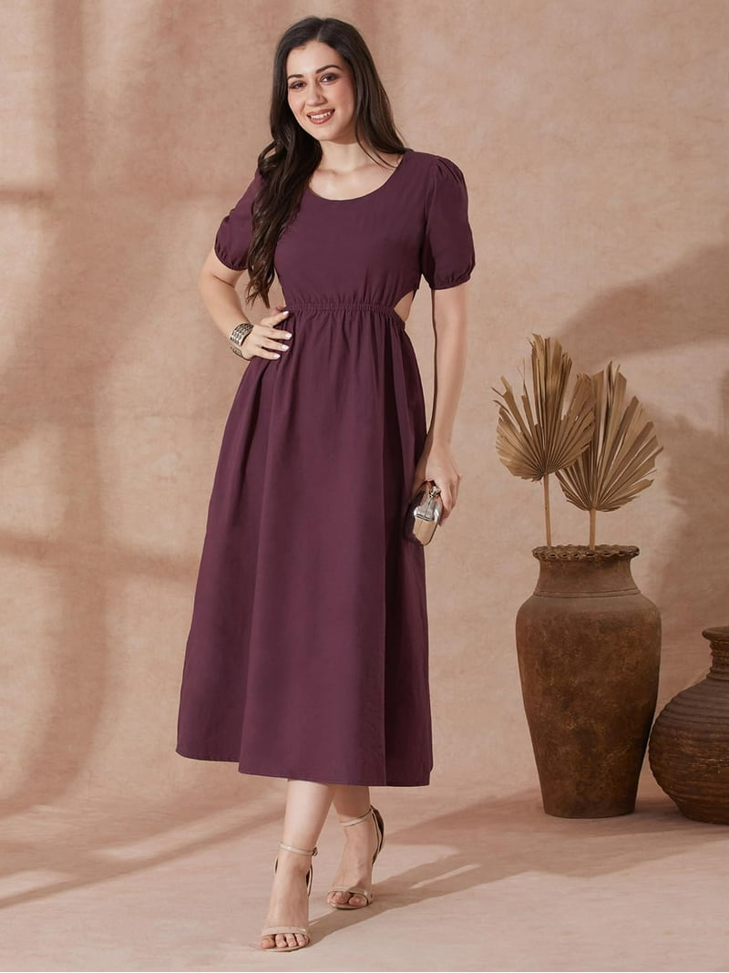 Globus Women Burgundy Round Neck Puff Sleeves Solid Cut Out Detail Fit & Flare Midi Resort Dress - Walmart.com Globus Women Burgundy Round Neck Puff Sleeves Solid Cut Out Detail Fit & Flare Midi Resort Dress - Walmart.com