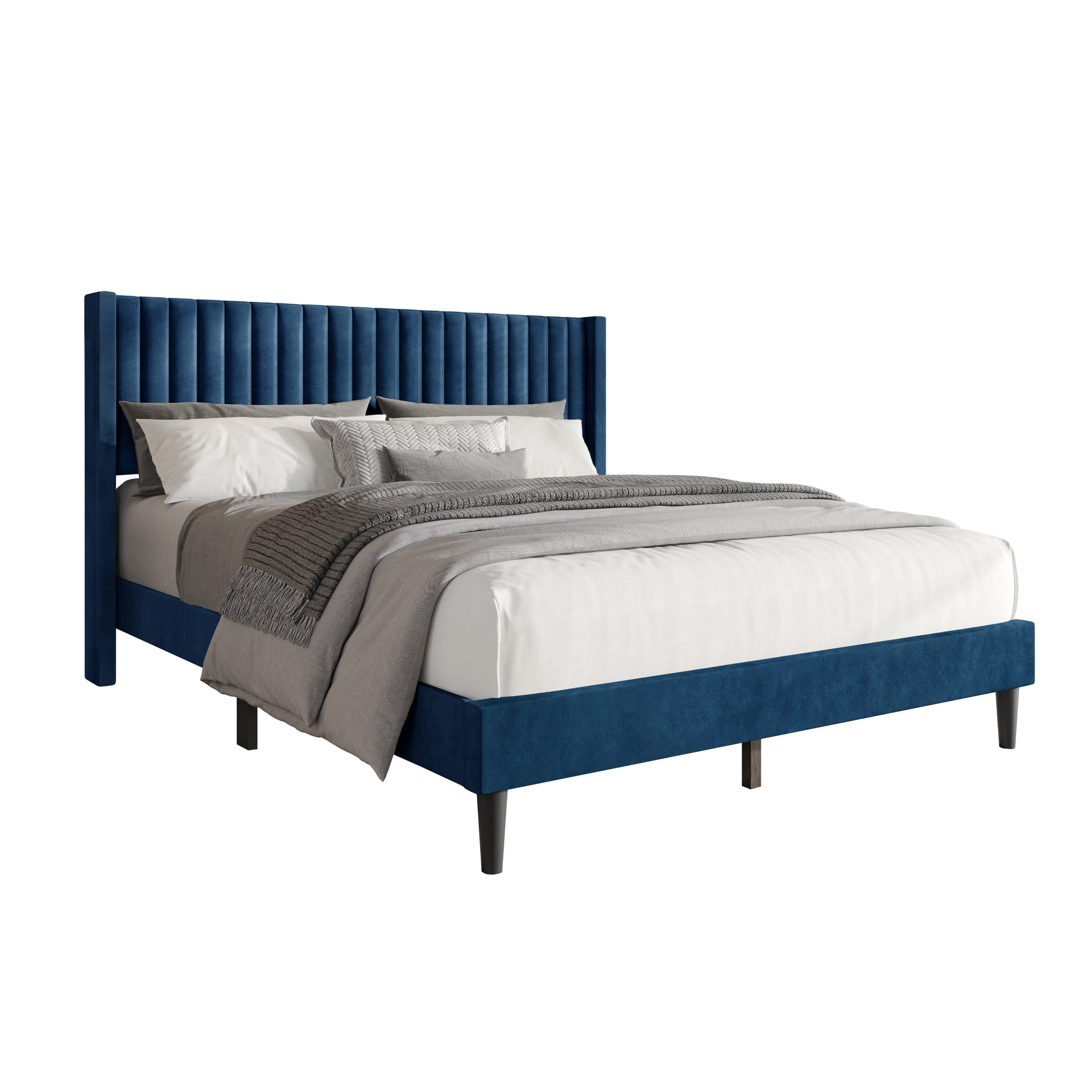 Favorer Montrose Upholstered Wingback Bed, Channel Tufted Headboard, Platform Design