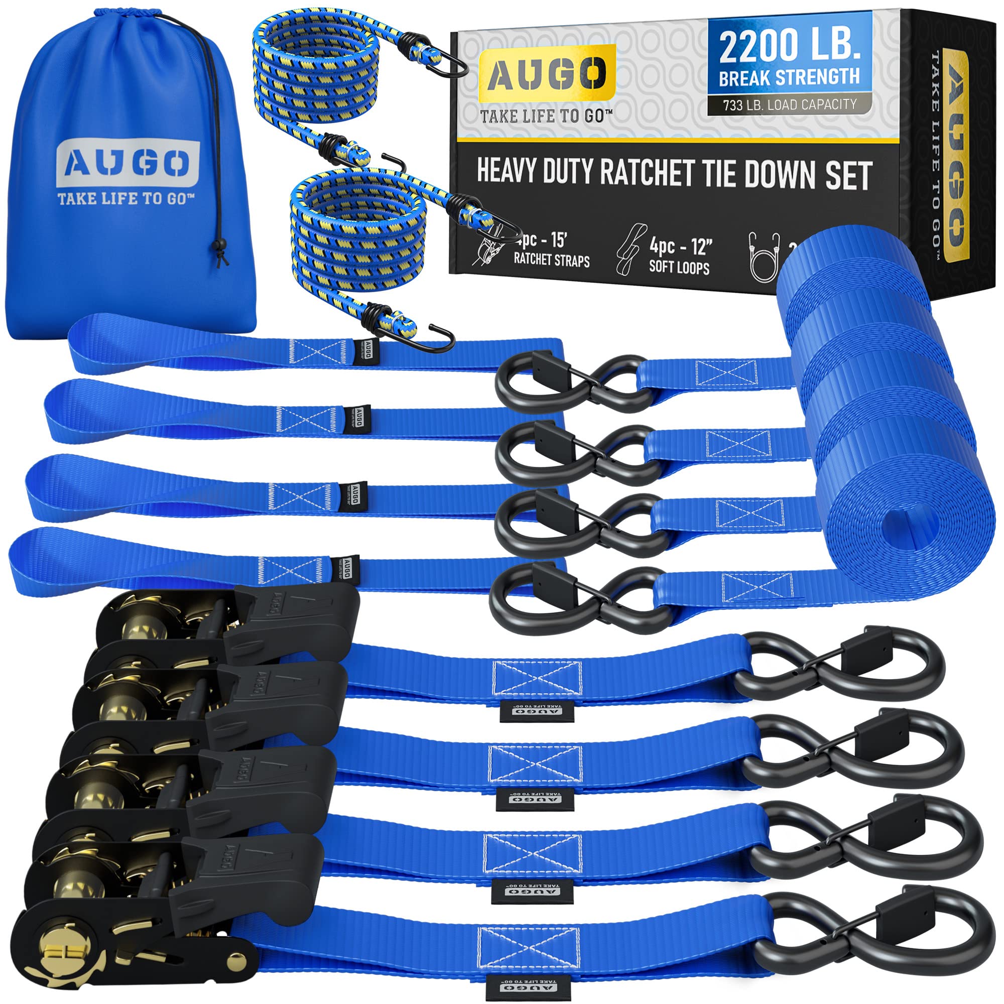 AUGO Ratchet Tie Down Straps -4 PK- 15 FT 2,200 LB Break Strength  Safety Lock S Hooks -for Moving Cargo, Appliances, Lawn Equipment,  Motorcycle Includes Bungee Cords, Soft Loops, Storage Bag 