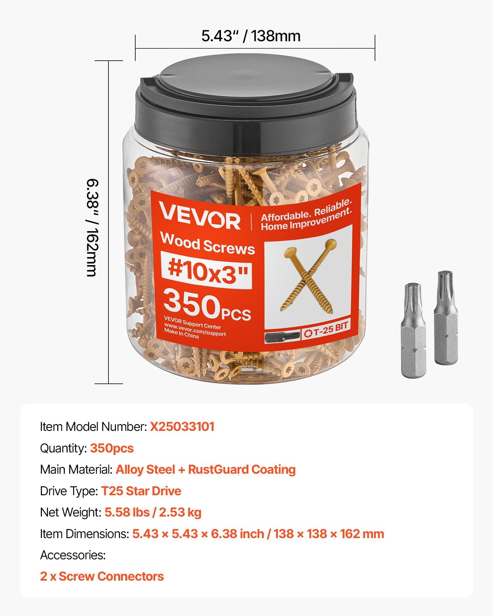 #10 Wood Screws Anti-Rust 3-Inch Outdoor Deck Screws 350PCS T25/Torx Star Drive