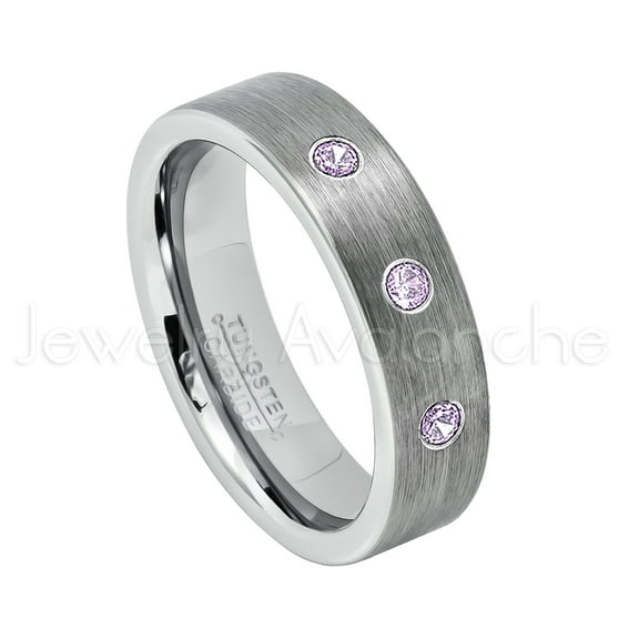 6mm Pipe Cut Tungsten Ring - 0.21ctw Amethyst 3-stone Band - Personalized Tungsten Wedding Ring - Custom Made February Birthstone Ring TN019BS