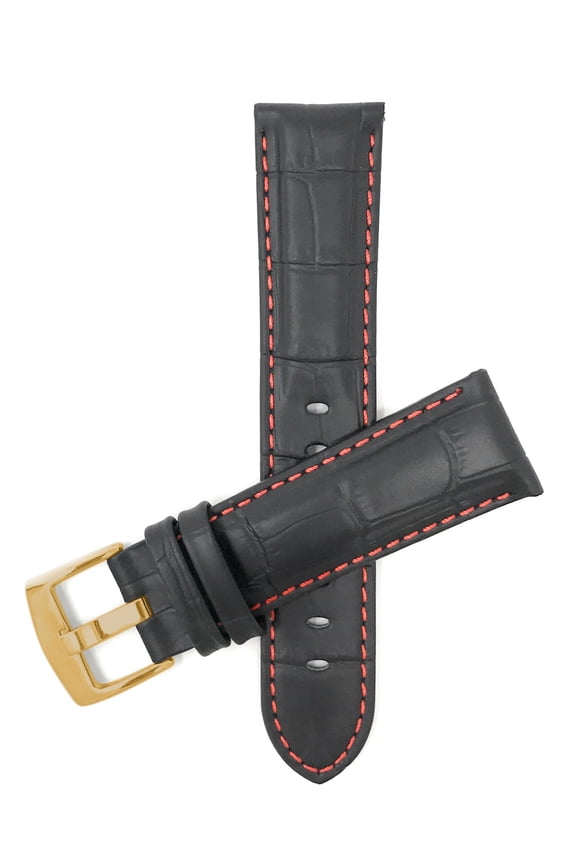 20mm Mens Leather Watch Band - Alligator Pattern Leather Watch Strap - Replacement Watch Band for Classic and Smart Watch - Black and Red 20 mm Watch Band - Gold Buckle