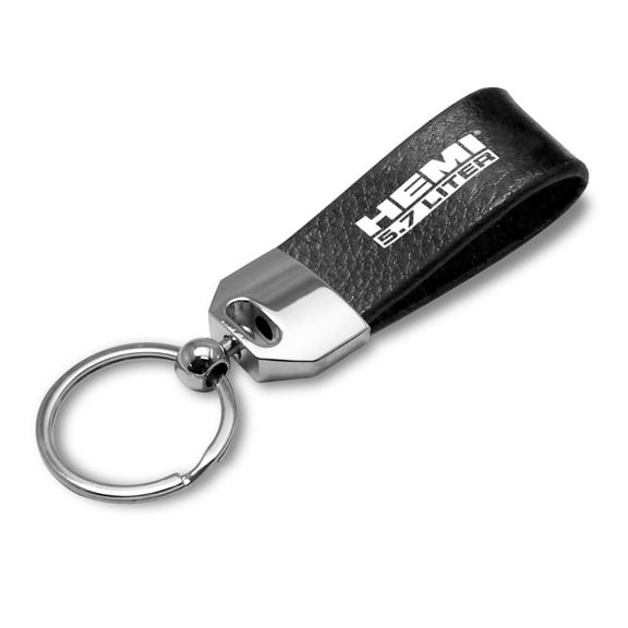iPick Image for HEMI 5.7 Liter Black Real Leather Loop Strap Chrome Metal Key Chain, Official Licensed