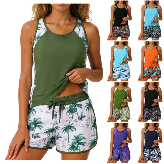 GEWSEY Blouson Tankini Swimsuits for Women 2026 Tummy Control Two Piece Bathing Suits with Sporty Pockets Swim Shorts (Green, L)