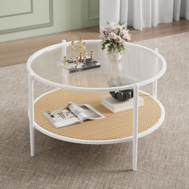 Bingirl 2 - Tier White Metal Modern Round Coffee Table with Water - Wave Glass Top and Yellow Rattan Shelf for Living Room