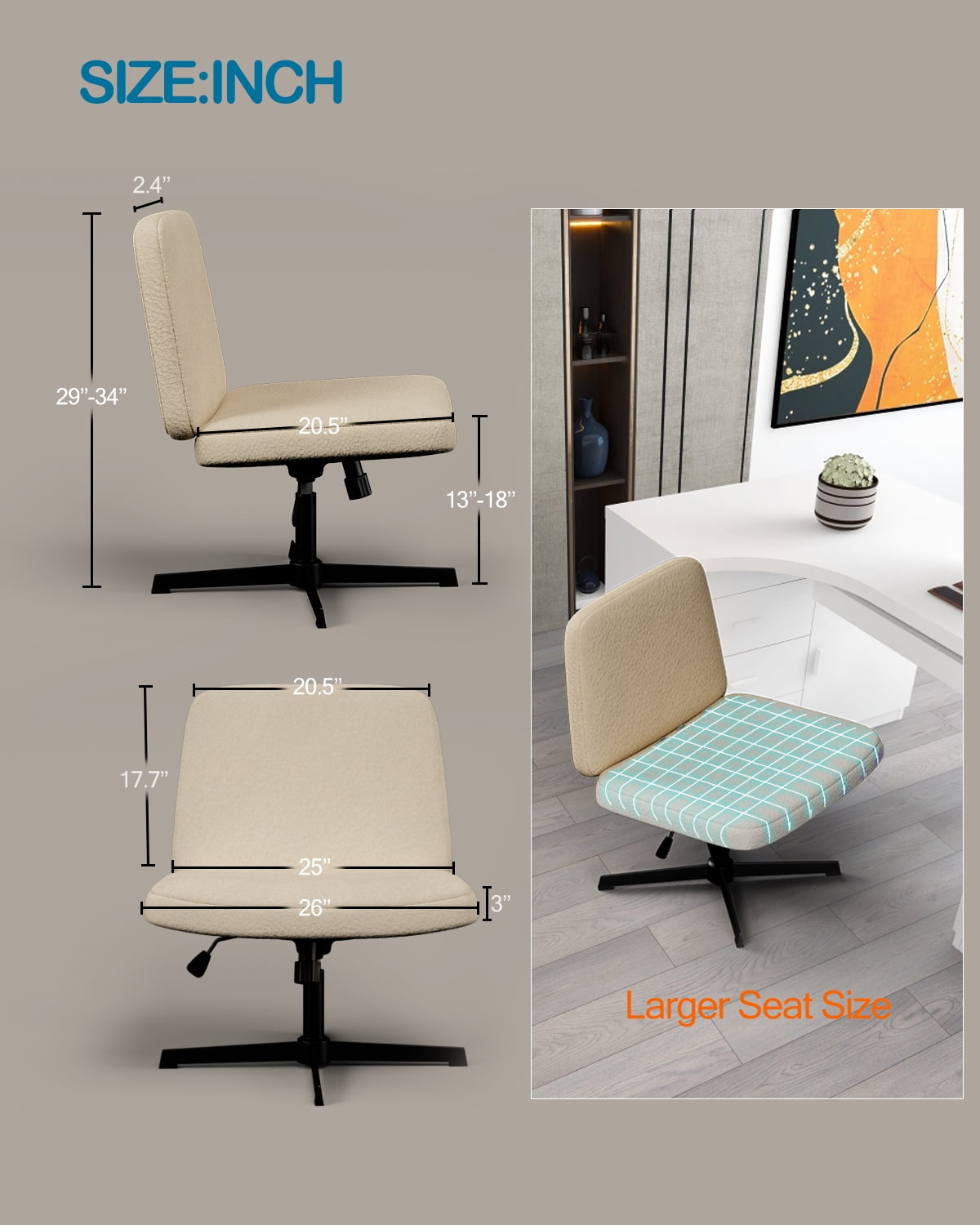 Cross Legged Office Chair,Armless Wide Seat Ergonomic Home Office Desk Chair No Wheels Swivel Home Office Desk Computer Chair for Vanity Home Office Bedroom Living Room(Normal Large Seat, Ivory)