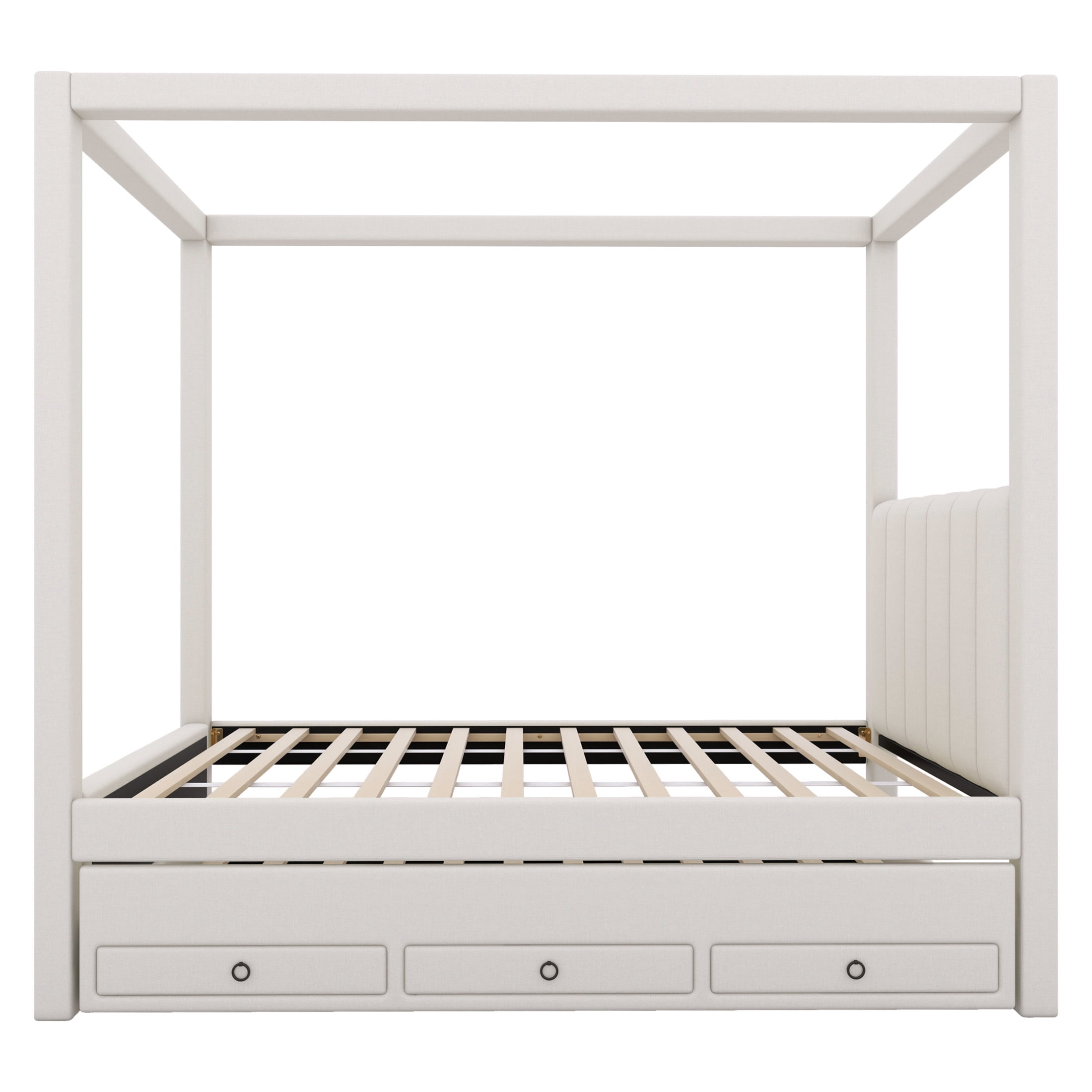 Noble House Twin Canopy Platform Bed, Linen Upholstered Frame with Trundle and Storage Drawers, Beige