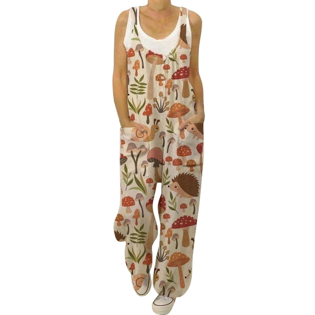 Gibobby Mono Corto Informal Baberos de mono con estampado de flores de algodón y lino vintage para mujer(Anaranjado, XL)