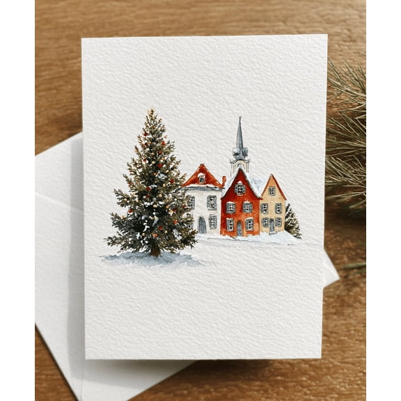 Winter Wonderland Christmas Card Beautiful Watercolor Design with Christmas Tree and Houses Blank Inside Perfect Holiday Greeting Card with Envelope
