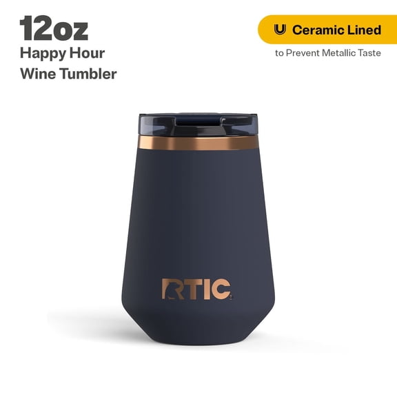 RTIC 12 oz Ceramic Lined Insulated Happy Hour Wine Tumbler, Leak Resistant Lid, Soft-Touch Exterior, Dark Midnight Dust