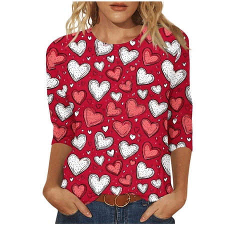 New Arrivals Valentine Heart Print Round Neck 3/4 Sleeve Top for Women Casual Fashion Spring Summer My Items