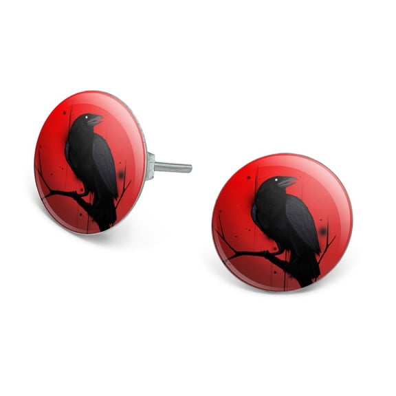 Crow on Branch Novelty Silver Plated Stud Earrings