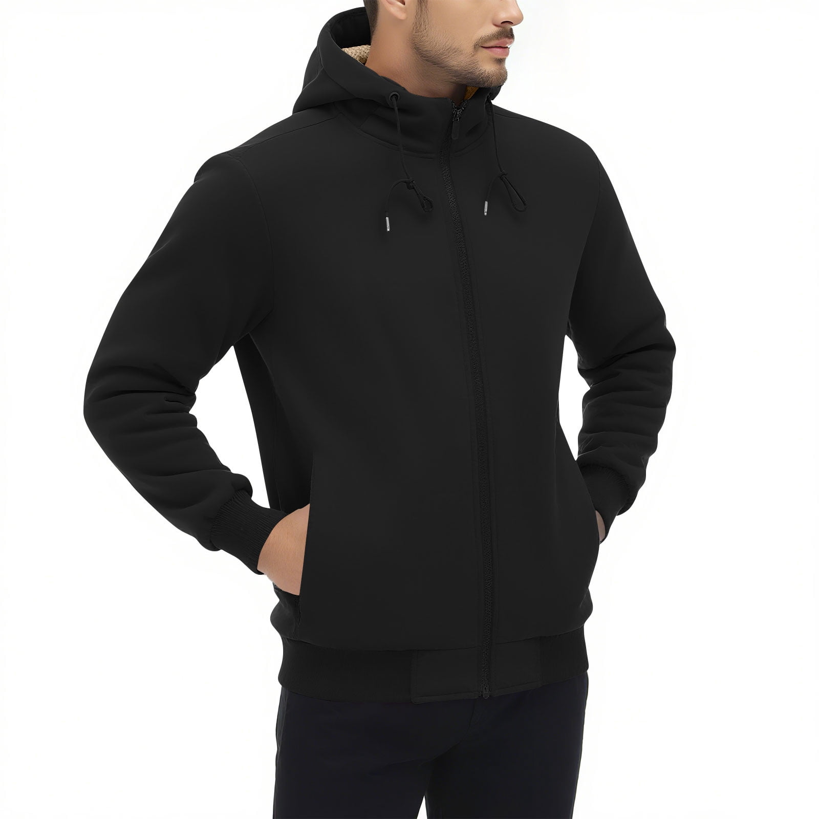 GuangCheng Mens Sherpa Lined Hoodies,Full Zip,Hooded Sweatshirts,with Plush Fleece Interior,Black,3XL