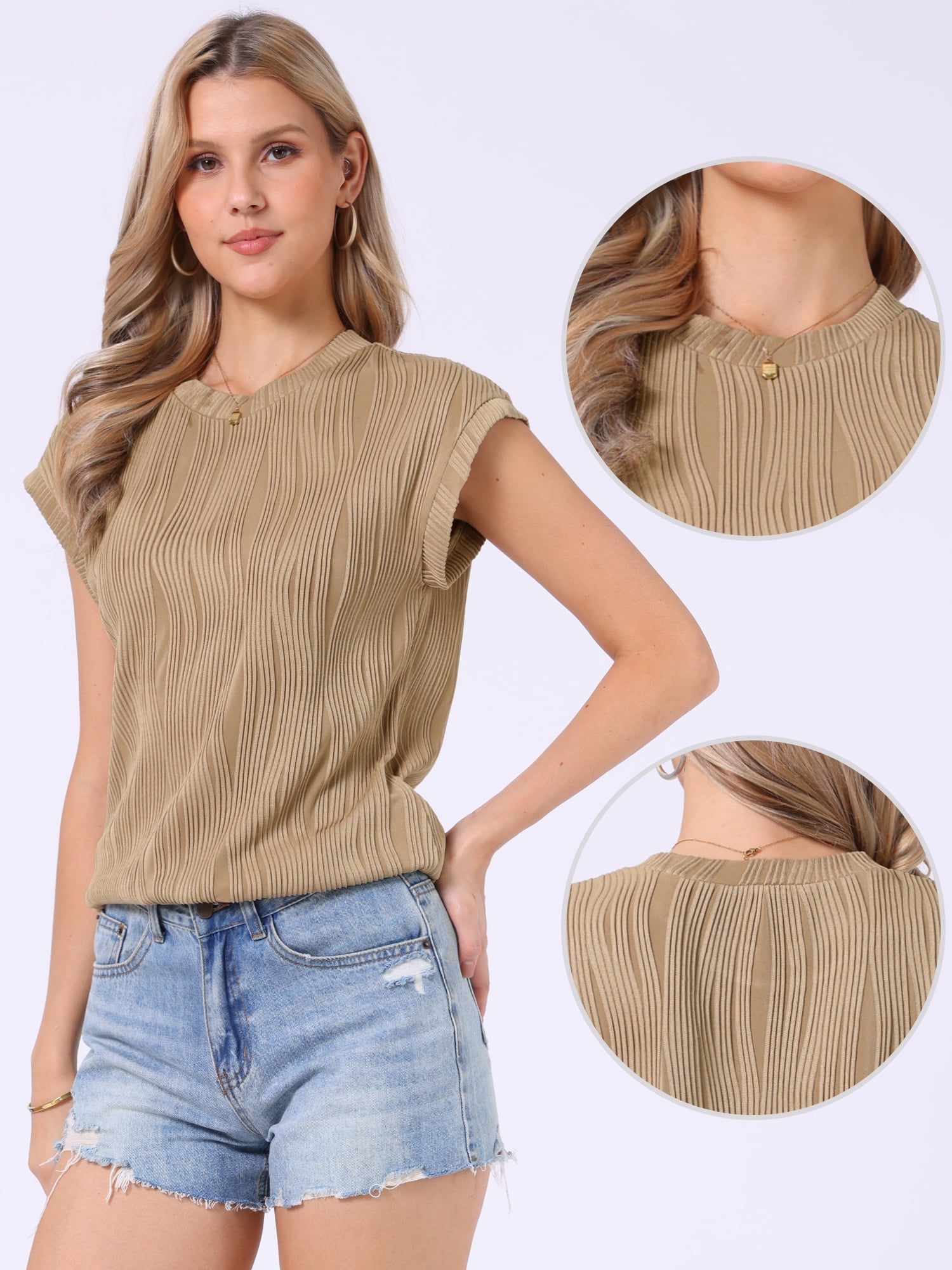 DARING DIVA Women's Short Sleeve Crew Neck Textured Casual Shirts XL Khaki
