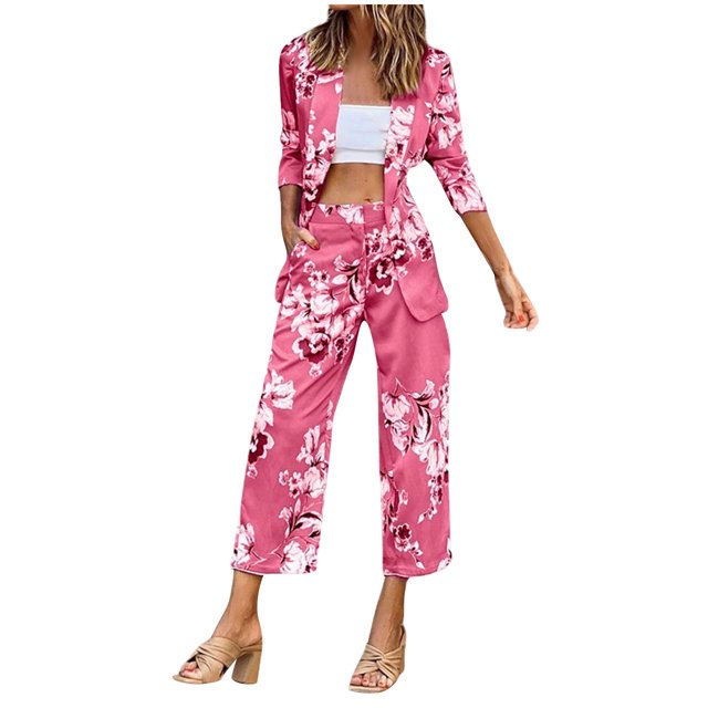 Conjunto de traje con pantalones capri y bolsillos sueltos de manga larga con botones estampados de dos piezas para mujer a la moda Wmkox8yi bvn329