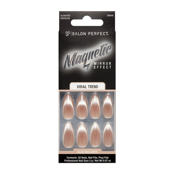 Salon Perfect Artificial Fake Press On Nails, 121 Magnetic Silver, Medium Almond, File, Glue, and Prep Pad Included, 30 Nails