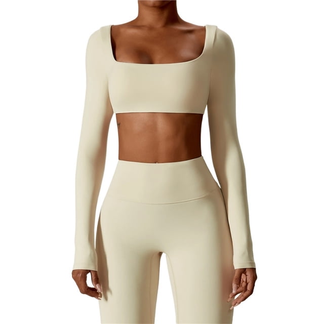 Tops cortos de yoga for mujer, camiseta de manga larga con cuello cuadrado, camisetas básicas elásticas ajustadas, camisetas deportivas for ejercicio al aire libre y gimnasio