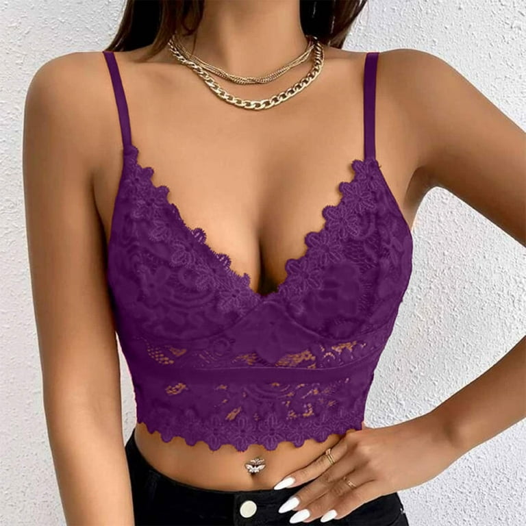 BIZIZA Womens Bra Bralette Sexy Lace Crop Top Plus Size V Neck Dark Purple  Large