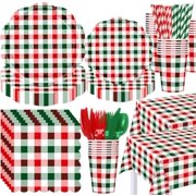 452 Pcs Christmas Buffalo Plaid Party Decorations for 50, Red and Green Gingham Checkered Scalloped Paper Plates Napkins Cups Tablecloth Cutlery Straws for Xmas Holiday Party Supplies