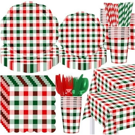 452 Pcs Christmas Buffalo Plaid Party Decorations for 50, Red and Green Gingham Checkered Scalloped Paper Plates Napkins Cups Tablecloth Cutlery Straws for Xmas Holiday Party Supplies