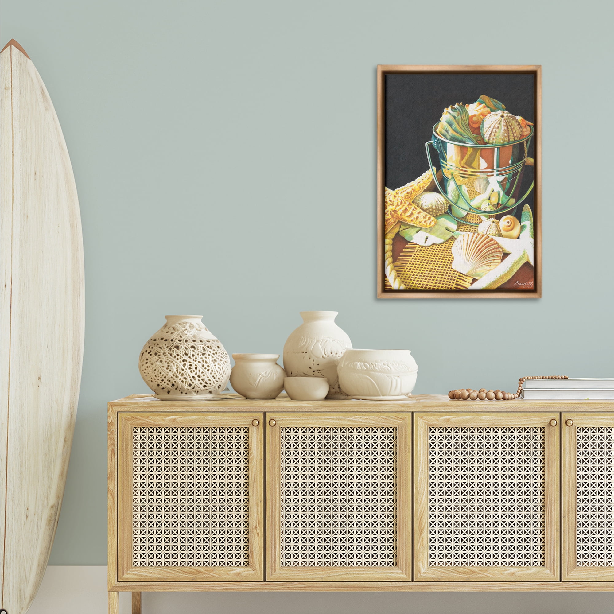 Stupell Industries Bucket Of Seashells Coastal Painting Brown Floater Framed Art Print Wall Art, 21 x 31