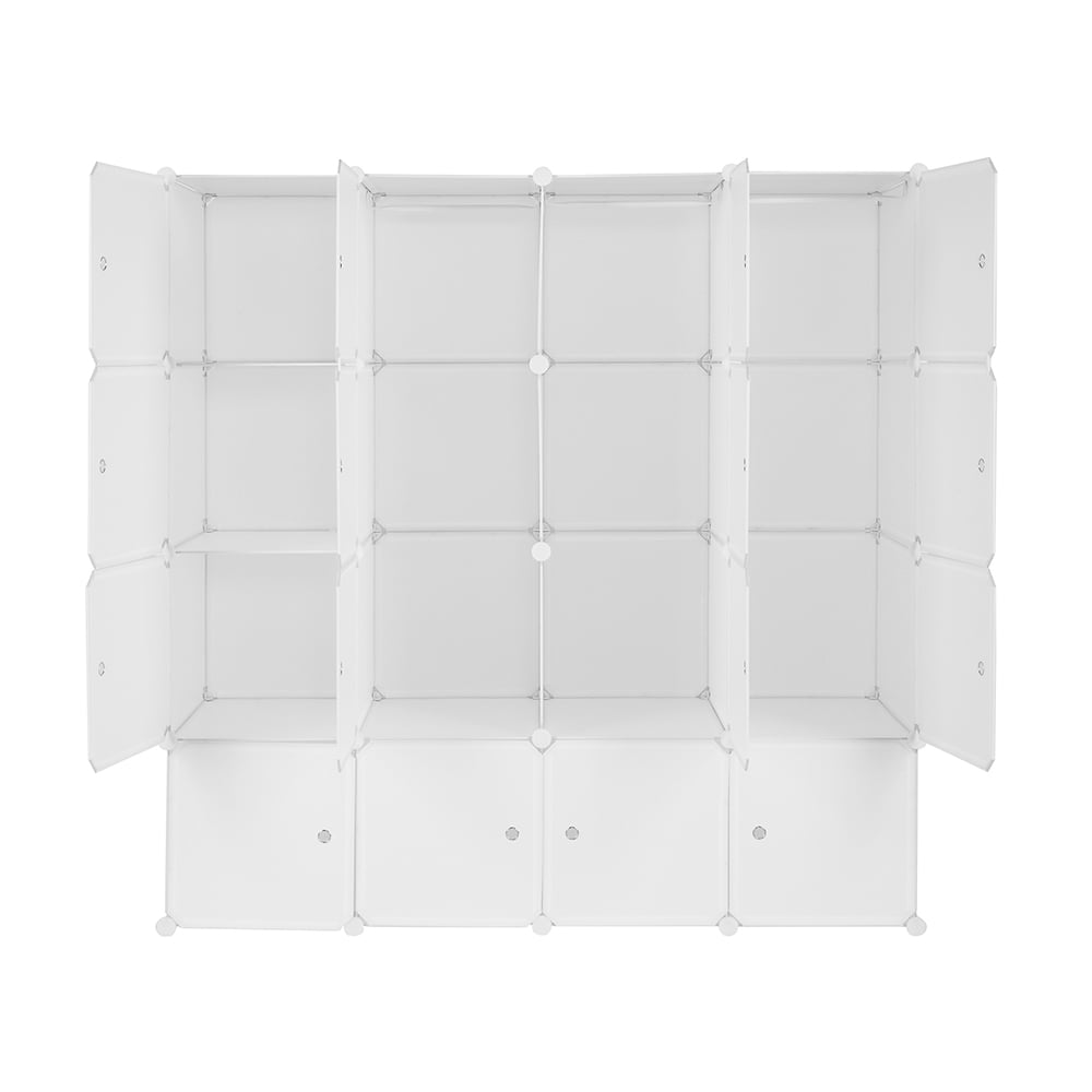 4-layer 16 Cube Organizer Stackable Cube Storage, Plastic + Steel Wire with 3 Clothes Rails, Free to Assemble, White