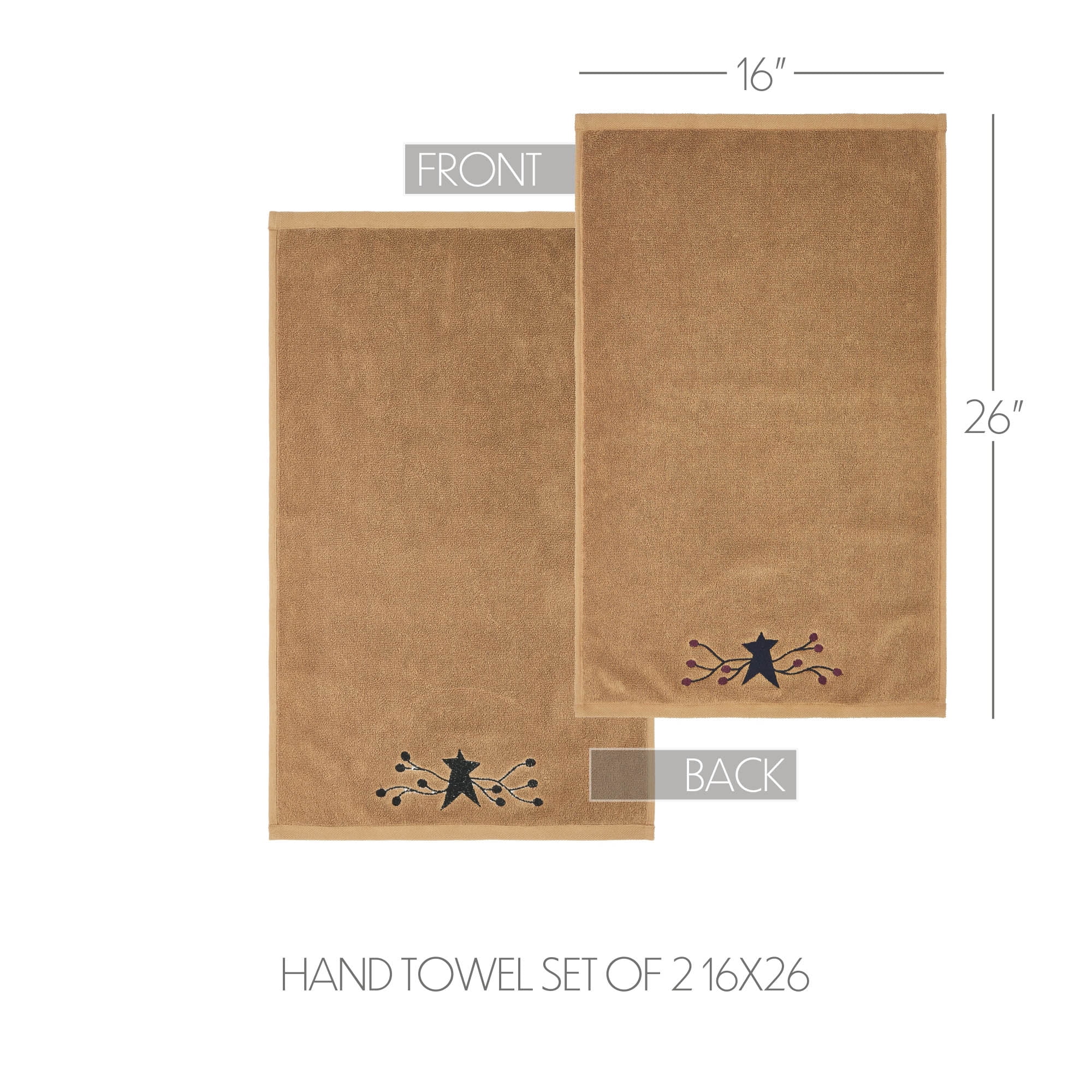 VHC Brands Cotton Hand Towels Set of 2 Bathroom Hand Towel Embroidered Bath Kitchen Pip Vinestar Collection Rectangle 16x26 Primitive Star Natural