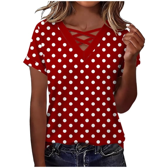 YUGYXL Polka Dot Print Summer Tops for Women Short Sleeve Crisscross V Neck T Shirts for Women Trendy Wine Top M