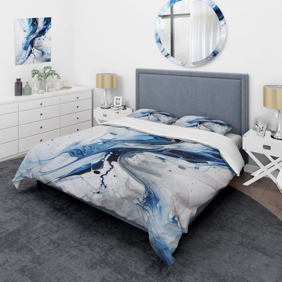 Designart "Ethereal Elixir Blue Grey Tranquility I" Abstract Bedding Covert Set - Modern Blue Transitional Bed Set With 2 Shams
