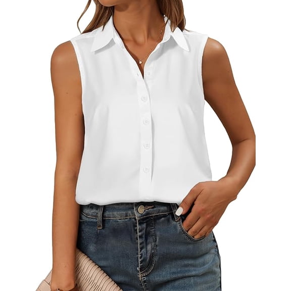 Sleeveless Button Down Shirts for Womens, Solid Casual Blouse V Neck Tank Tops for Business, Classic Collared Basic Tops