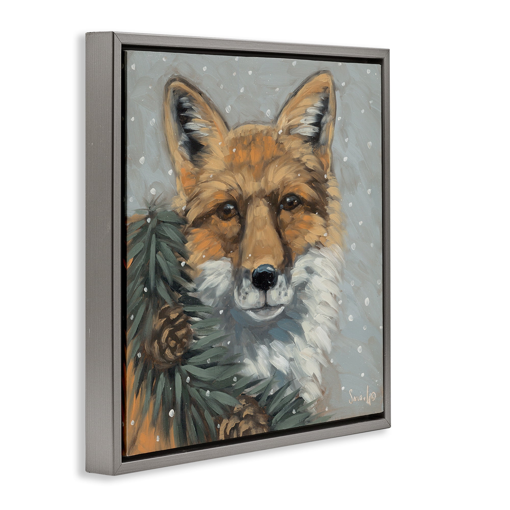 Stupell Industries Fox with Snowy Pinecones Holiday Painting Gray Floater Framed Canvas Art Prints Wall Art, 18 x 18