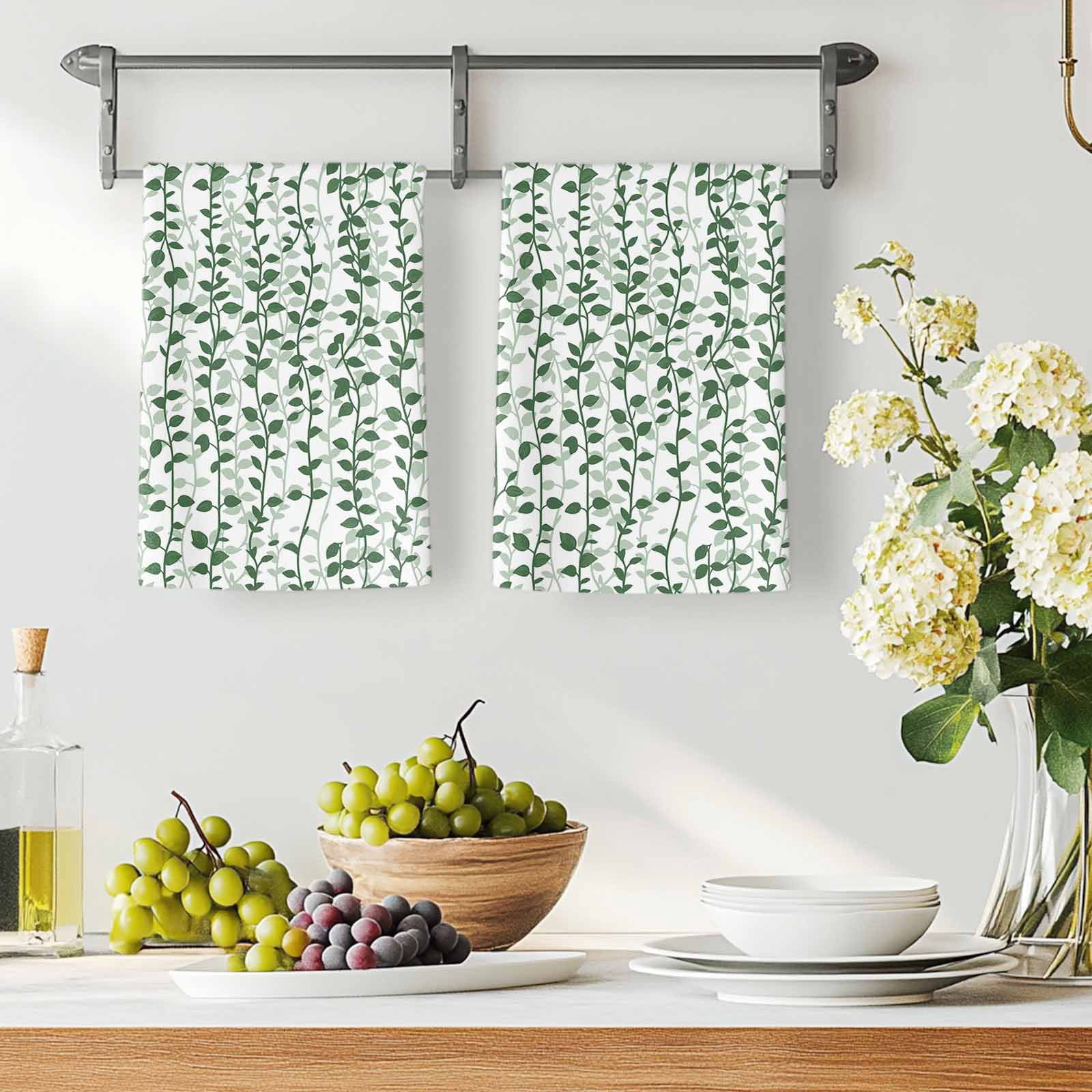 Green Ivy Leaves Kitchen Towels Set of 2, Spring Plants Botanical Modern Country Absorbent Dish Towels for Kitchen, Microfiber Hand Towel, Quick Drying Tea Towel for Cleaning Decorative Dishcloths