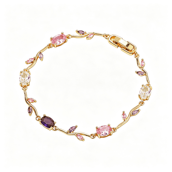 DESIGNICE 1 Pcs Cubic Zirconia Flower Leaf Bracelet for Women,Flower Bracelet,Tulip Bracelet,Multicolor Oval Cubic Zirconia Floral Bracelet,Wedding Bridal Jewelry Gifts(Gold)