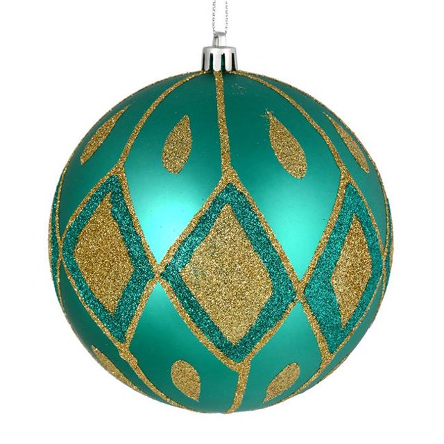 Vickerman N188042D 4 in. Teal Matte Ball Ornament with Glitter Diamond Pattern 4 per Pack