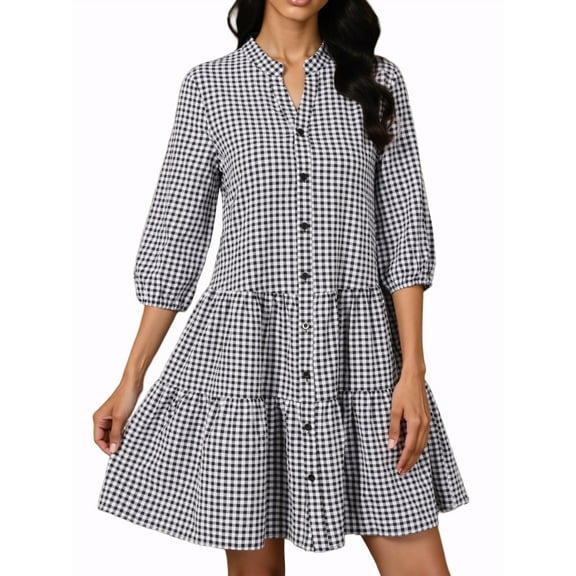 INSPIRE CHIC Women's Dress Plaid V Neck 3/4 Sleeve A-Line Dresses XS Black White