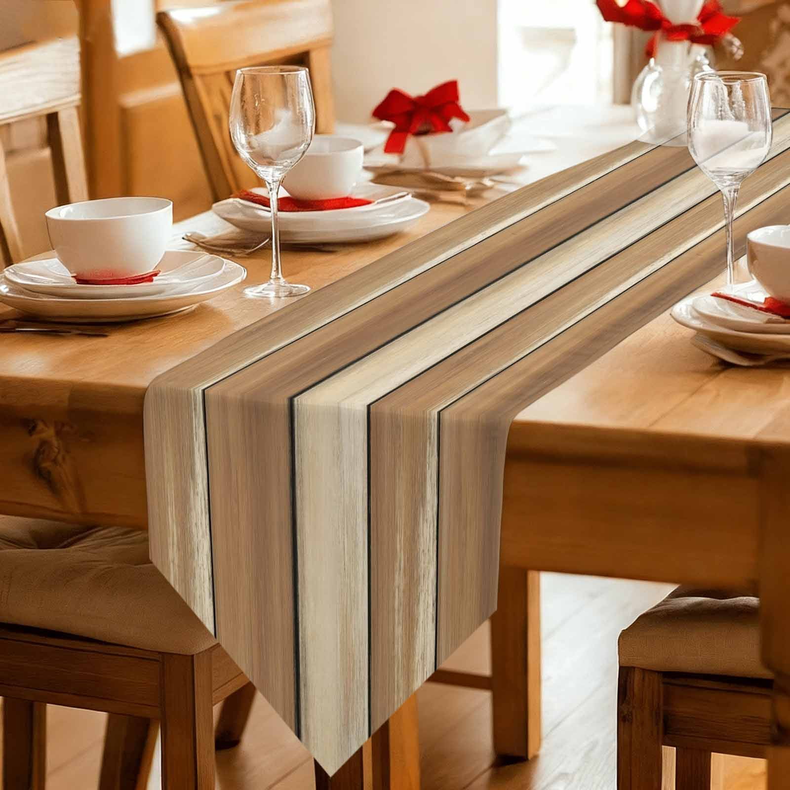 Table Runners 48 Inches Long, Brown Khaki Wooden Cotton Linen Kitchen Dining Coffee Table Runner for Party Home Decor, Vintage Farmhouse Retro Art Tabletop Dresser Scarves Runner Decor 13x48 Inch