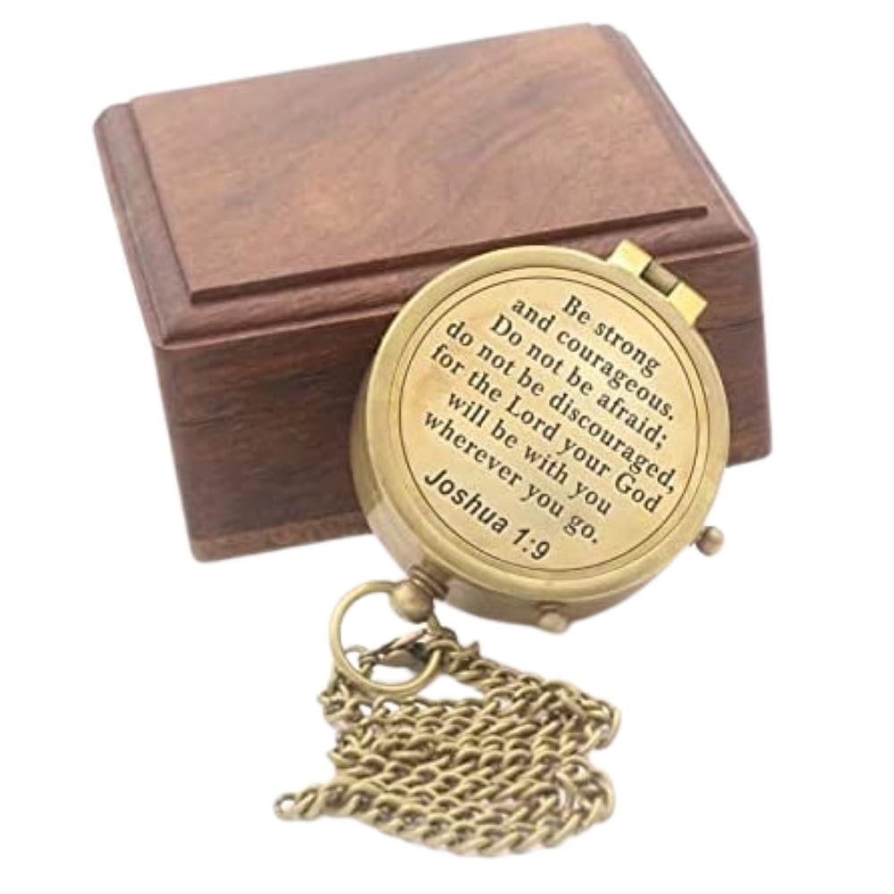 Roorkee Instruments India Brass Engraved Yellow Color Compass with Wooden Box